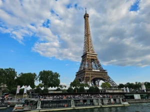 View of Eiffel Tower and boat in Seine River Cruise in Paris