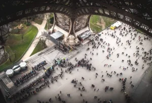 View of the forecourt below the Eiffel Tower from the first floor