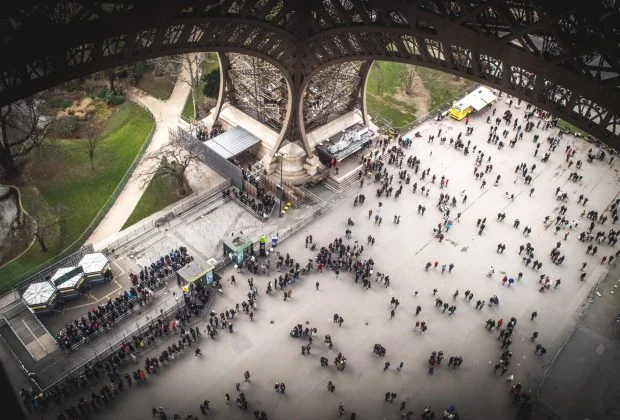View of the forecourt below the Eiffel Tower from the first floor