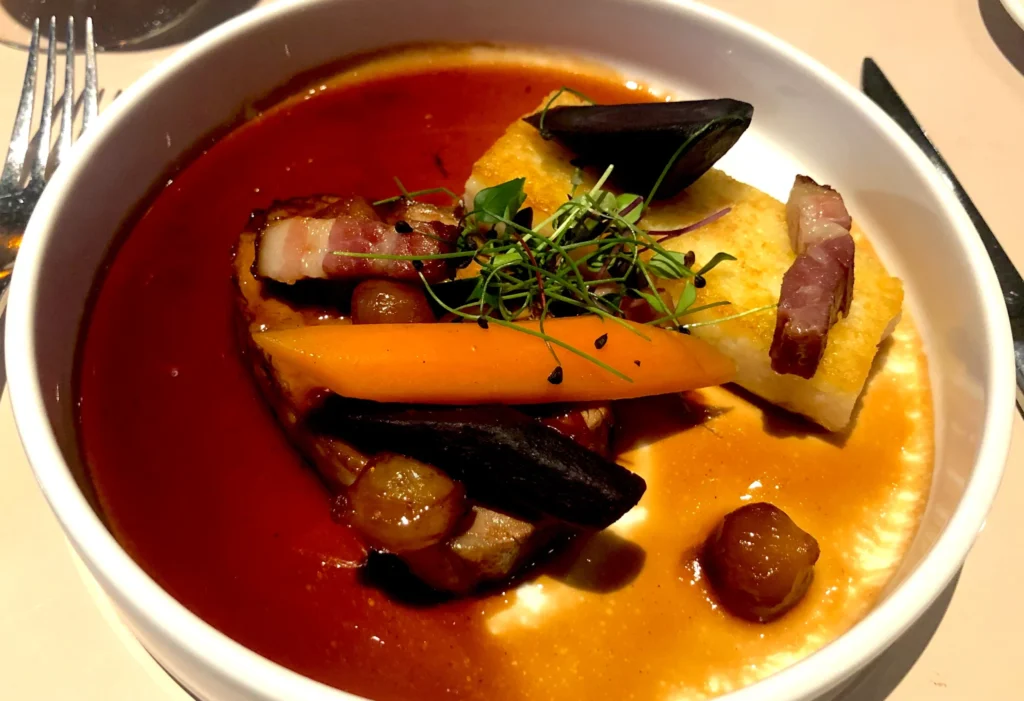 Eating veal at Madame Brasserie Eiffel Tower restaurant