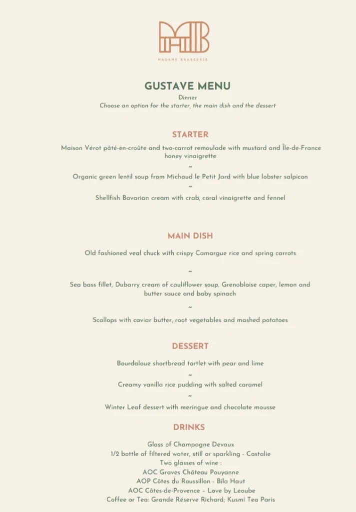Madame Brasserie 2025 menu