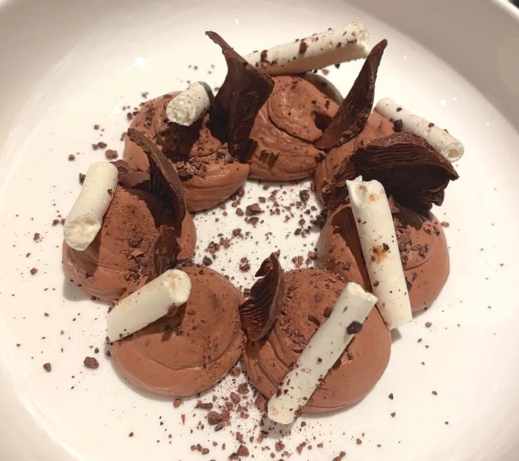 winter leaf chocolate mousse and meringue dessert in Paris at the Eiffel Tower restaurant